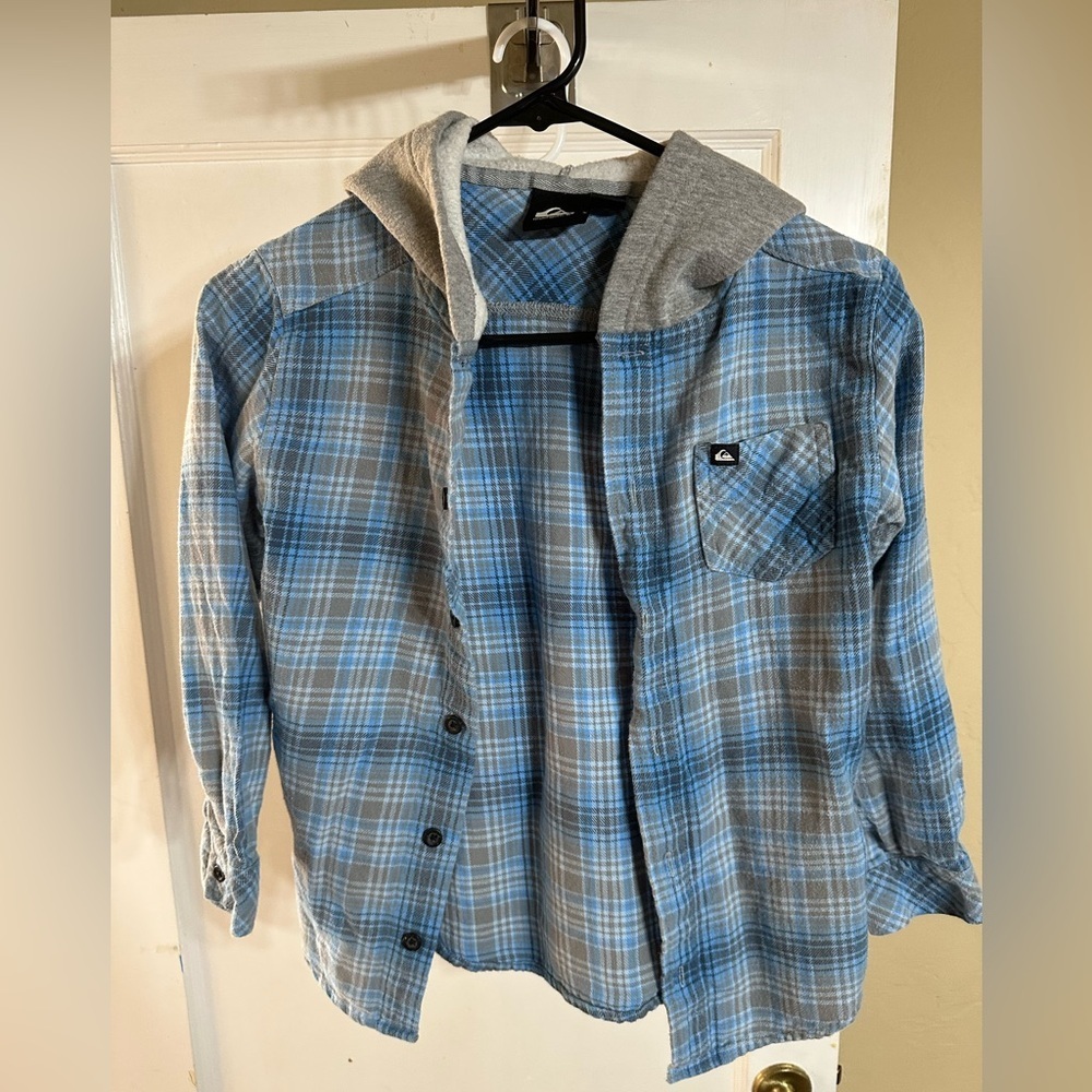 Boys Quiksilver Blue and Gray Plaid Shirt with Hood - Picture 1 of 7